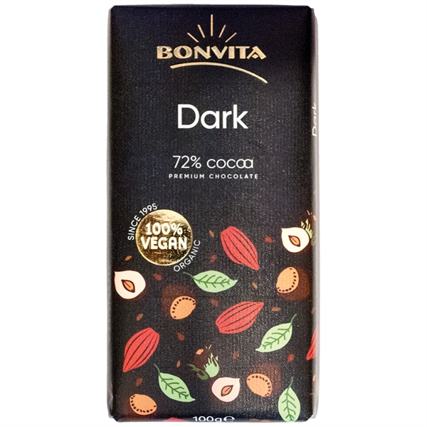 BONVITA Chokolade, Premium 72% Mørk, Økologisk Vegansk